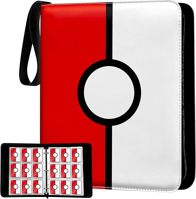Card Binder 13"x10.5"x1.8", PU Leather Zipper Case with Handle, 9 Pocket Double Sided Pages, Holds 900 Cards, Red White Design, 3 Ring Binder with Velvet Liner for Collectible Cards