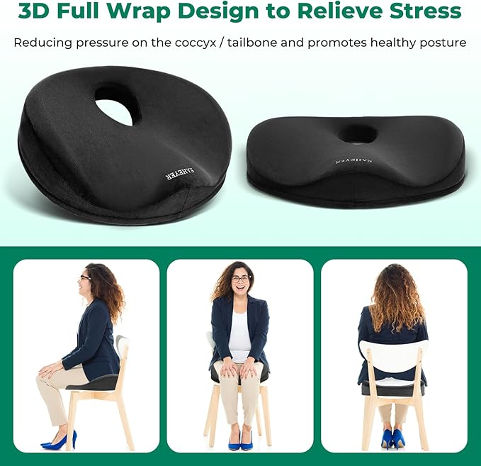SAHEYER Donut Pillow for Tailbone Pain, Memory Foam Hemorrhoids Pillow for Sciatica Nerve, Sciatica Hip Coccyx Seat Cushion for Long Sitting Office Workers, Car Drivers, Black