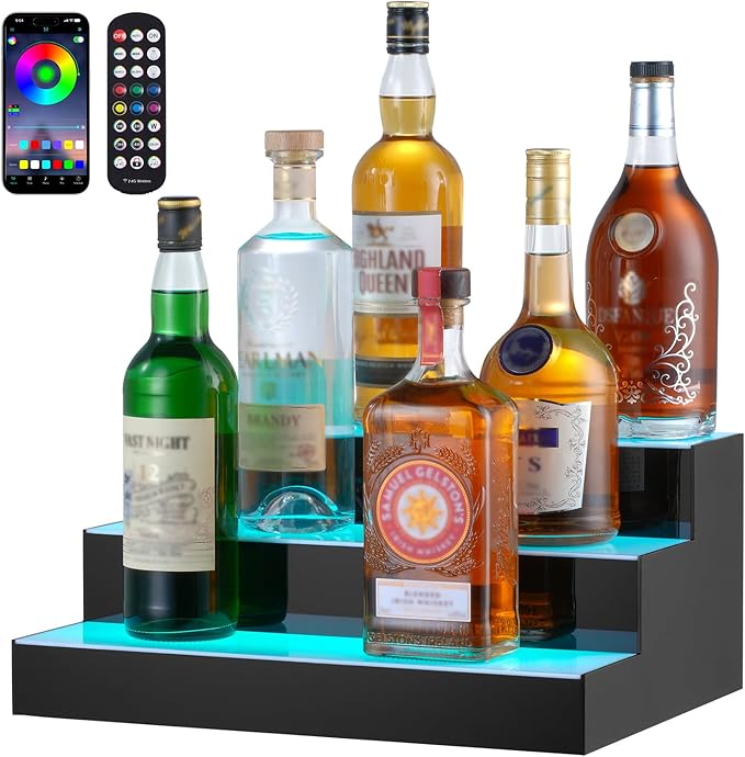 VEVOR LED Lighted Liquor Bottle Display, 3 Tiers 16 Inch Commercial Illuminated Home Bar Shelf, 3 Steps Whiskey Rack Stand, Acrylic Drink Shelves with RF Remote & App Control, and Multicolor Light