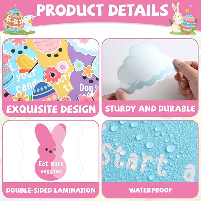 Easter Health Bulletin Board Set Easter Health Habits Classroom Decoration Spring Bunny Rabbit Good Habit Paper Cutouts Spring Classroom Decoration for Spring School Chalkboard Wall Decor Supplies