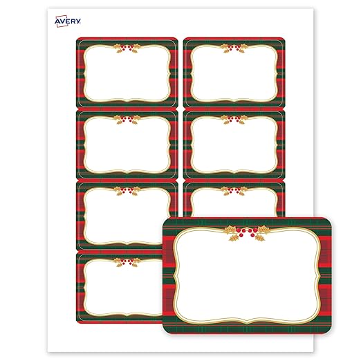 Avery Printable Christmas Adhesive Name Badges, Rectangle, 2-1/3" x 3-3/8", Pre-Printed Red & Green Plaid with Metallic Gold Frame Design, Matte White, Laser & Inkjet Compatible, 80 Total