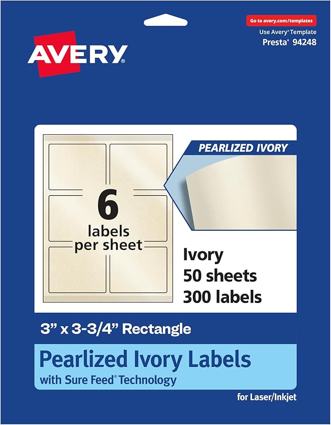 Avery Pearlized Ivory Rectangle Labels, Sure Feed Technology, Print-to-The-Edge, 3" x 3.75", 300 Pearlized Ivory Labels, Laser/Inkjet Printable