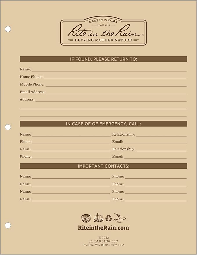 Rite in the Rain Weatherproof Complete Field Planner Kit, 8.5" x 11" Tan Sheets, Black Cover (No. 9255B-MX)