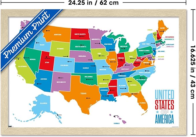Trends International Map - United States Of America 2022 Wall Poster, 22.4L x 14.7W, Blonde Framed Version