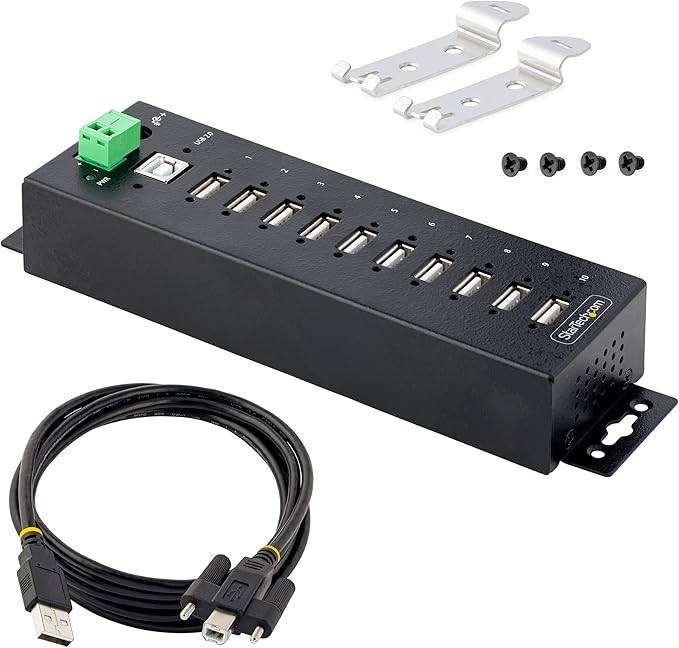 StarTech.com 10-Port Industrial USB 2.0 Hub, Rugged USB Hub w/ESD Level 4 Protection, DIN/Wall/Desk-Mountable USB-A Hub, USB Port Expander w/Lockable Ports, USB Expansion Hub, TAA