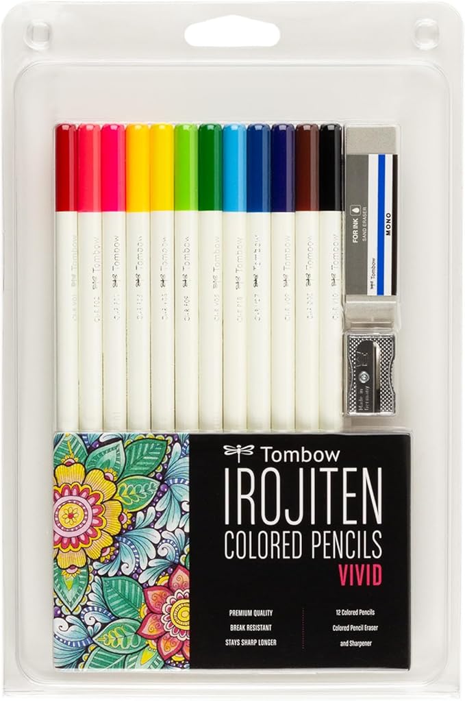 Tombow 51528 Irojiten Colored Pencil Set, Vivid. Includes 12 Premium Colored Pencils, Sharpener, and Colored Pencil Eraser