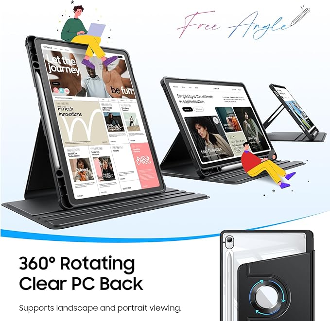 Fintie 360 Degree Rotating Case for Samsung Galaxy Tab S10 Lite/ S10 FE/ S9 FE 5G 10.9 Inch/Tab S9 11 Inch with S Pen Holder, Swiveling Protective Stand Clear Back Cover, Black