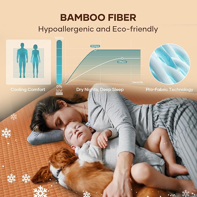 OhGeni 100% Waterproof Mattress Protector,Queen Size Mattress Soft Pad,Hair & Bedwetting Resistant,Cooling Breathable Fitted Sheets,Washable Bed Cover,Non-Slip Deep Pocket,Noiseless for Bedroom,Orange