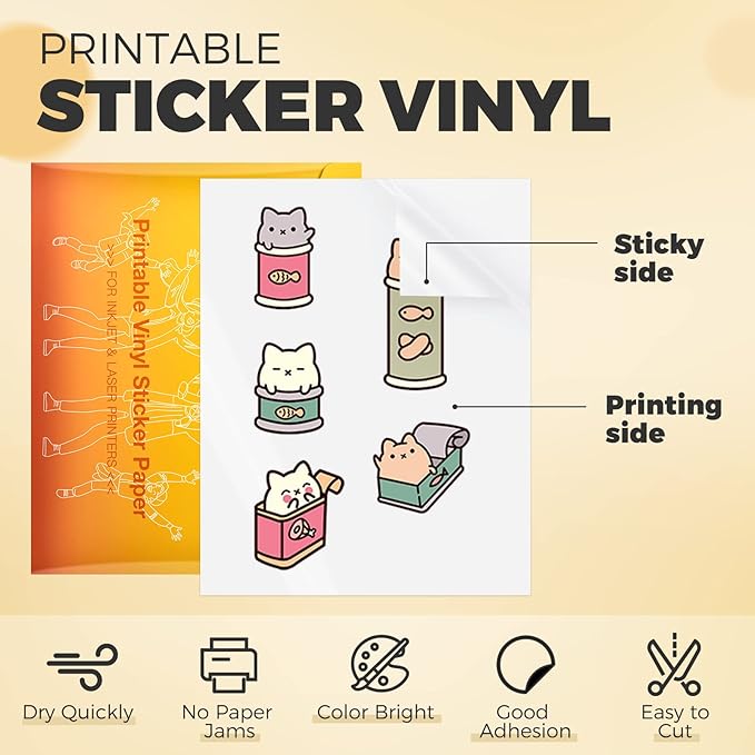 HTVRONT Printable Vinyl Sticker Paper, 100 Sheets Glossy Waterproof Sticker Paper For Inkjet Printer Dries Quickly-Standard Letter Size 8.5"X11"