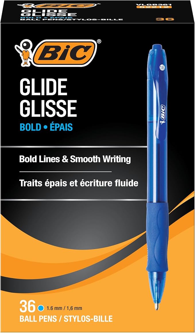 BIC Glide Bold Blue Ballpoint Pens, Bold Point (1.6mm), 36-Count Pack, Retractable Ballpoint Pens With Comfortable Full Grip