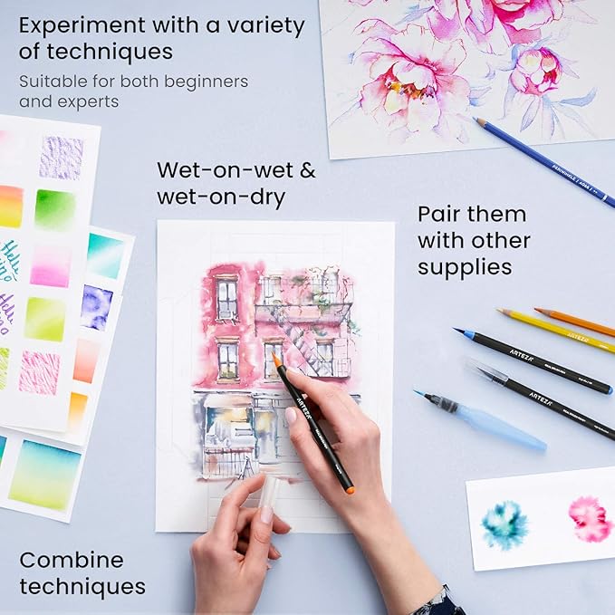 Arteza Watercolor Painting Art Set, Real Brush Pens 24 and Foldable Canvas Paper Bundle, DIY Kit Art Supplies for Artists & Hobby Painters
