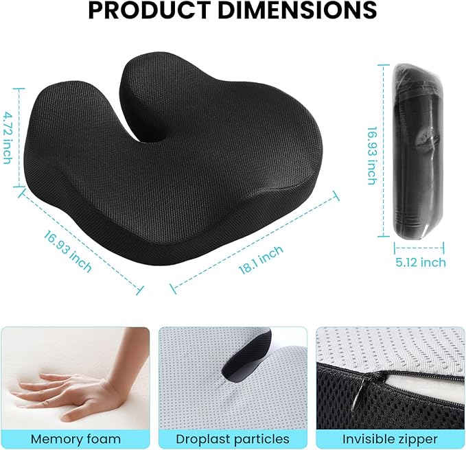 CXC Seat Cushions for Office Chairs – Recovery Memory Foam, Seat Cushion for Desk Chair, Car, Wheelchair, Hip & Tailbone Pain Relief Cushion for Lxx`ong Sitting, Non-Slip (Black Breathable mesh Cover)