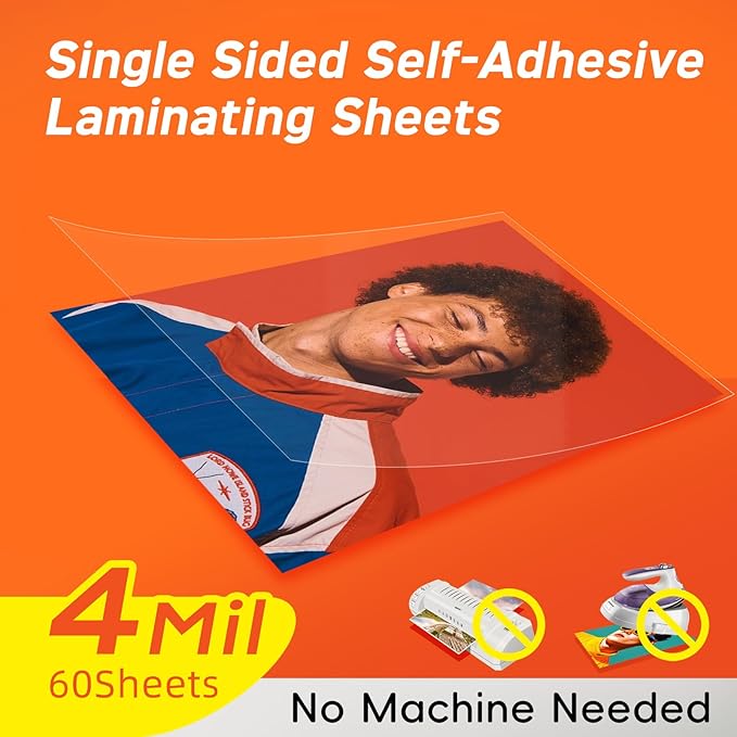 Thicker Self Adhesive Laminating Sheets,60 PCS 8.5 x 11 Self Sealing Laminate Sheets Lettter Size No Machine No Heat 4mil Clear Laminating Sheets for Protecting Documents, Photos