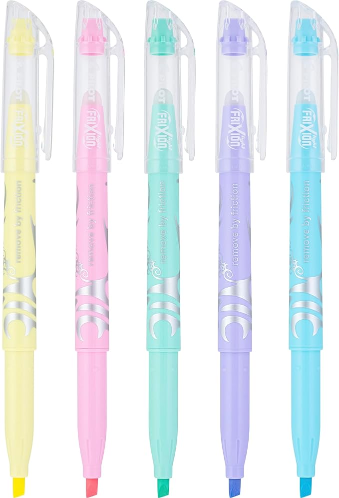 Pilot FriXion Light Pastel Erasable Highlighters, Chisel Tip, Pack of 5, Blue, Pink, Yellow, Green & Purple Aesthetic Highlighters - Ideal for School, Journaling, and Office Use