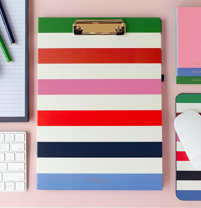 Kate Spade New York Clipboard Folio with Low Profile Clip, Professional Padfolio Includes Lined Notepad, Pen Loop, and Pocket, Adventure Stripe (237048)