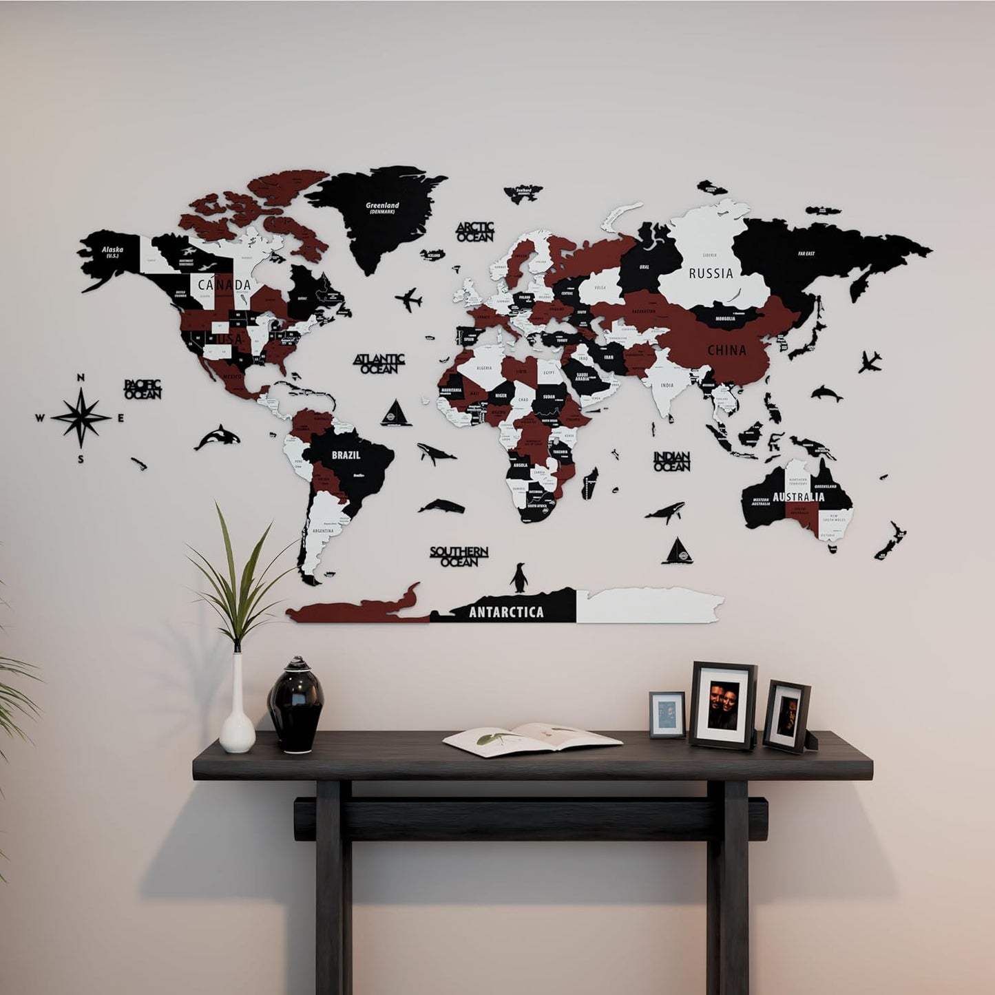 Colorfull Worlds 3D Wooden World Map Wall Art | Unique Wall Decor with Pins for Travel Enthusiasts | Home and Office Wall Décor | Burgundy | Large