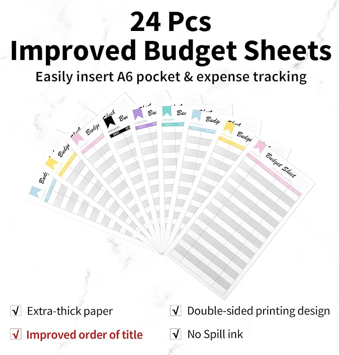 Sooez Laser Silver Money Organizer for Cash, A6 Budget Binder with Cash Envelopes, 39 Black Bold Sticky Labels & 24 Colorful Budget Sheets, Money Saving Binder for Budgeting