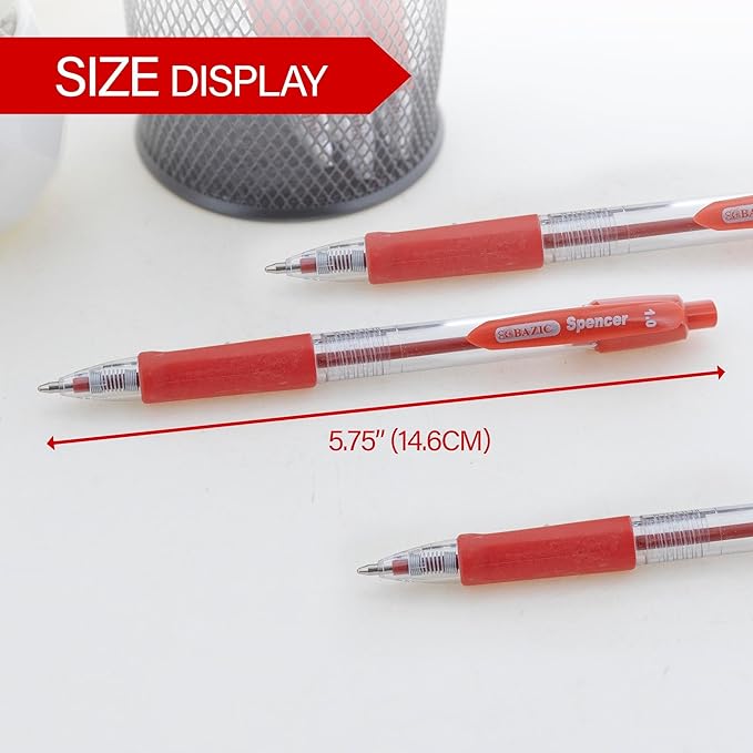 BAZIC PRODUCTS Gel Pens, Spencer Retractable Gel Pen, 1.0 mm Bold Tip for Smooth Writing for Office, School, or Teacher Use, Premium Writing Pens 5/Pack, 144-Packs