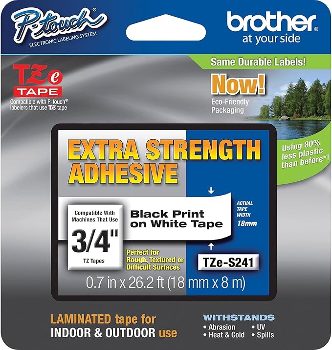 Brother P-Touch TZe-S241 Laminated Extra Strength Label Maker Tape, 3/4-inch x 26-2/10', Black on White (TZe-S241)