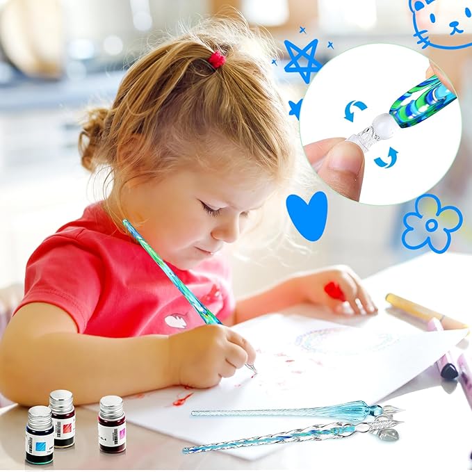 Zonon Glass Dipped Pen Ink Set 14 Pcs Include 6 Pcs Glass Dip Pen, 6 Colorful India Ink and 2 Holder Crystal Signature Calligraphy for Art, Writing, Gift(Blue Color System)