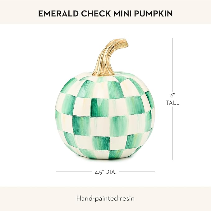 MACKENZIE-CHILDS Pumpkin, Resin Halloween and Fall Decor, Mini, Green-and-White Emerald Check