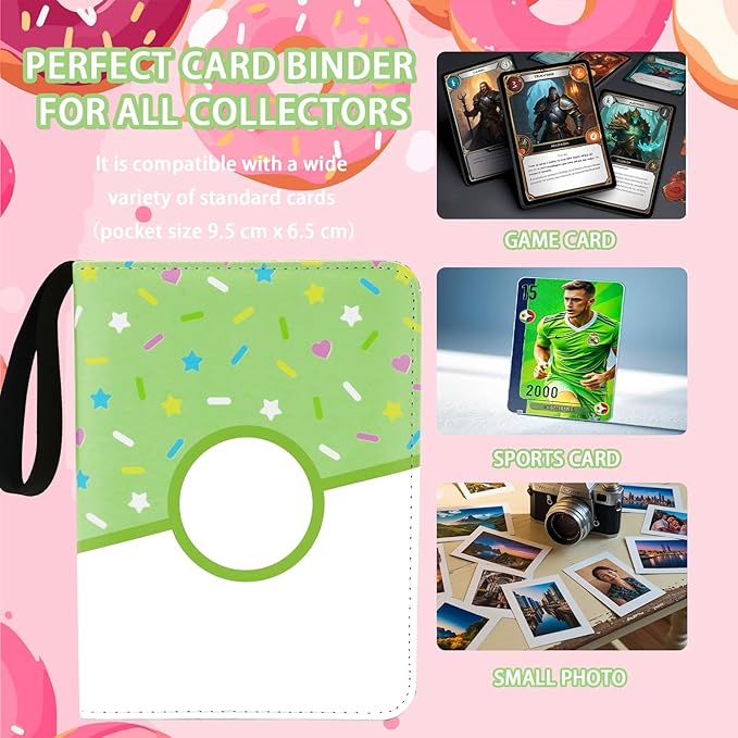 4 Pocket Card Binder 400 Card Holder Album, Pink Donut Trading Cards Holder Zipper Binder for Girl Teen Collection (Green Donut, 400 Pocket)