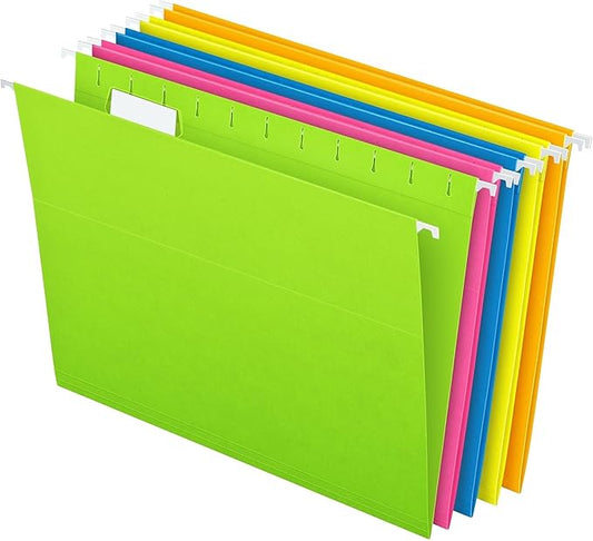 Pendaflex Neon Hanging File Folders, Letter Size, 1/5 Cut Tabs, Assorted Colors, 25-Pack - Green, Pink, Blue, Yellow, Orange (81672)
