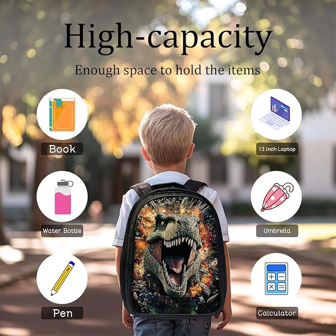 Dinosaur Backpack Set 3 Piece School Bags and Lunch Box with Pencil Case Black Dino Cool Bookbag Set for Toddler Kids Girls Boys Teens Kindergarten Elementary Middle