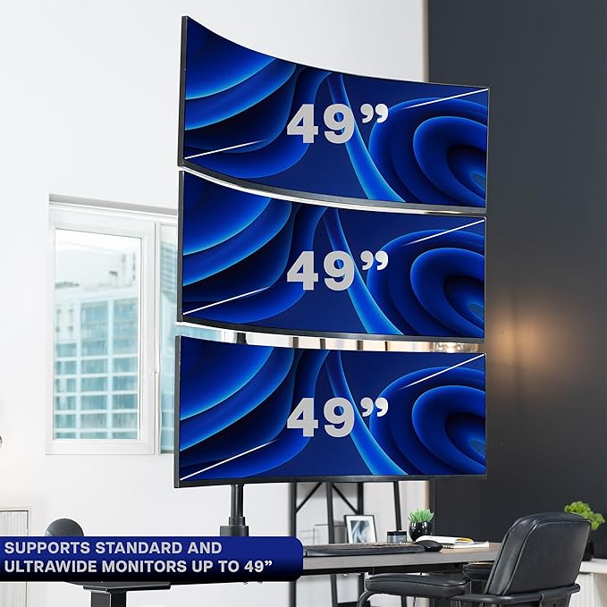 VIVO Vertically Stacked Triple Ultrawide Mount for up to 49 inch Screens, Heavy Duty Adjustable 3 Ultra-Wide Stand, 44 lbs Capacity Per Screen, Black, STAND-V300U
