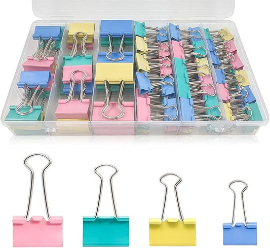 110PCS Colored Binder Clips Assorted Sizes,4 Sizes Large Medium Small Mini Paper Clamps Set, Cute Office Paper Clips for Home School Office Supplies Organizing(Blue, Pink, Yellow, Green)
