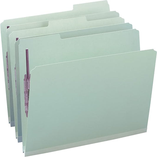 Smead Pressboard Fastener File Folder with SafeSHIELD Fasteners, 2 Fasteners, 1/3-Cut Tab, 1" Expansion, Letter Size, Gray/Green, 25 per Box (14931)