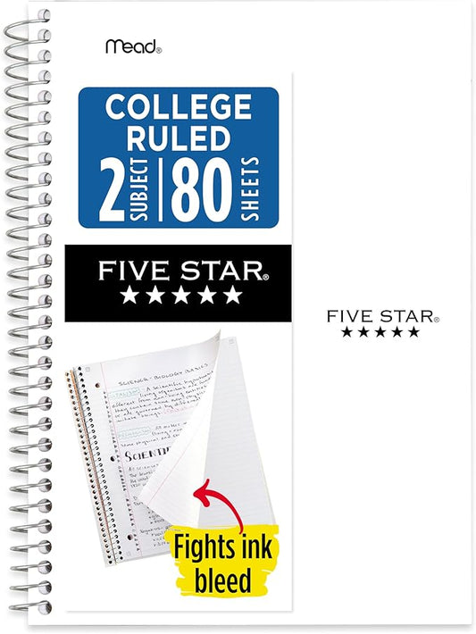 Five Star Spiral Notebook, 2 Subject, College Ruled Paper, 6" x 9-1/2", 80 Sheets, Fights Ink Bleed, Water Resistant Cover, White (840029E)