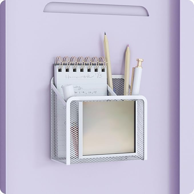 U Brands White Magnetic Locker Cup with Mirror, Locker Mirror with Pencil Holder, Magnetic Organizer for School Lockers, 5" x 2.4" x 4.75"