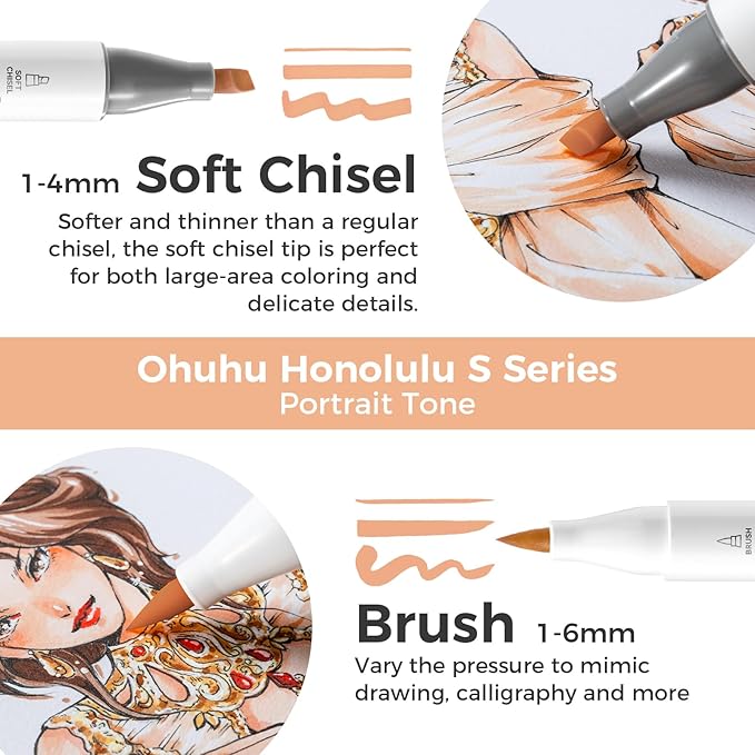 Ohuhu Alcohol Markers: Soft Chisel Red Dot Design Award Winner 24 Skin-color Brush & Soft Chisel Dual Tips Drawing Markers for Artists Beginners Adults Coloring Illustration Sketching - Honolulu S