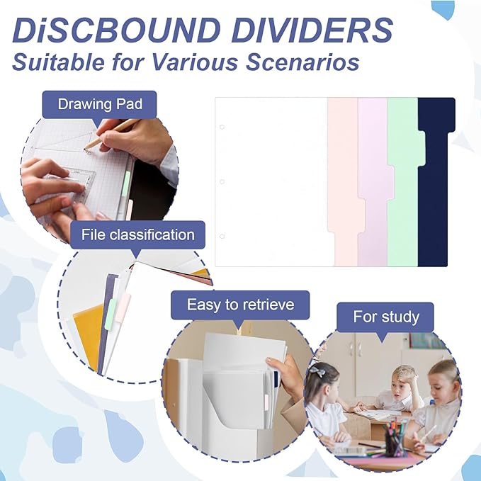 (5.5 x 8.5 inch) 5 Tab 3 Hole Punch Dividers with Tabs Disc Bound Dividers Junior Size discbound Notebook Accessories 5 Color for Office Meeting (10)