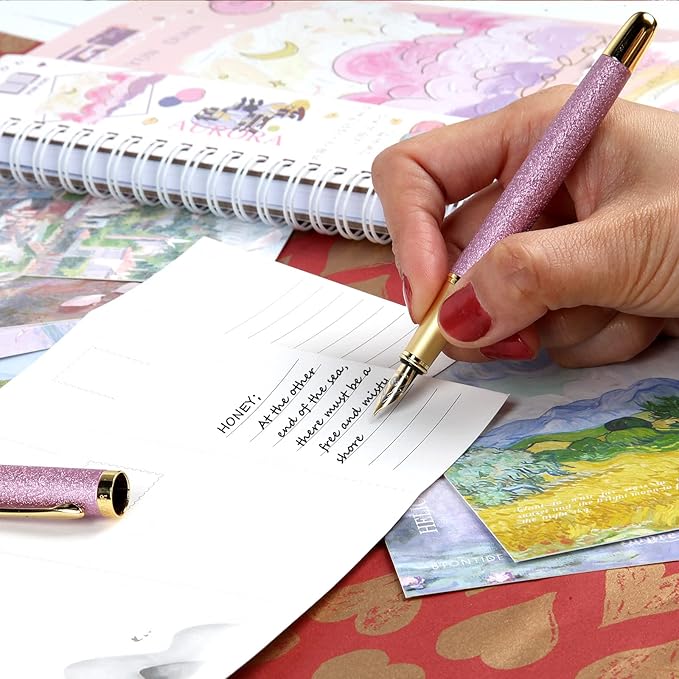 fountain pen-Multiple color styles with rhinestone,diamond inlay and frosted finish,Cute pens,Luxury pen,Office pens,Best pen set,Includes 10 Ink Cartridges and Ink Refill Converter(Purple)