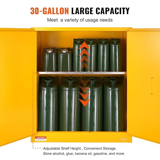 VEVOR Flammable Safety Cabinet 43.1 x 18.1 x 50.1, Cold-Rolled Steel Flammable Liquid Storage Cabinet 34 Gal with 2 Adjustable Shelves/2 Manual Closing Doors for Industrial Use, Yellow