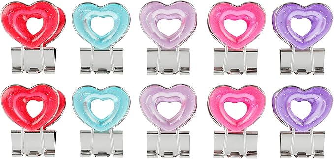 Clear Heart Shape Medium Paper Clips, Binder Clips, Easy Grip, Assorted Color, School Office Supplies, 10 Pcs/Set