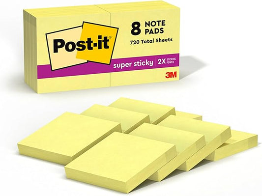 Post-it® Mini Super Sticky Notes 1 7/8 in x 1 7/8 in Canary Yellow 8 Pads/Pack 90 SheetsPad
