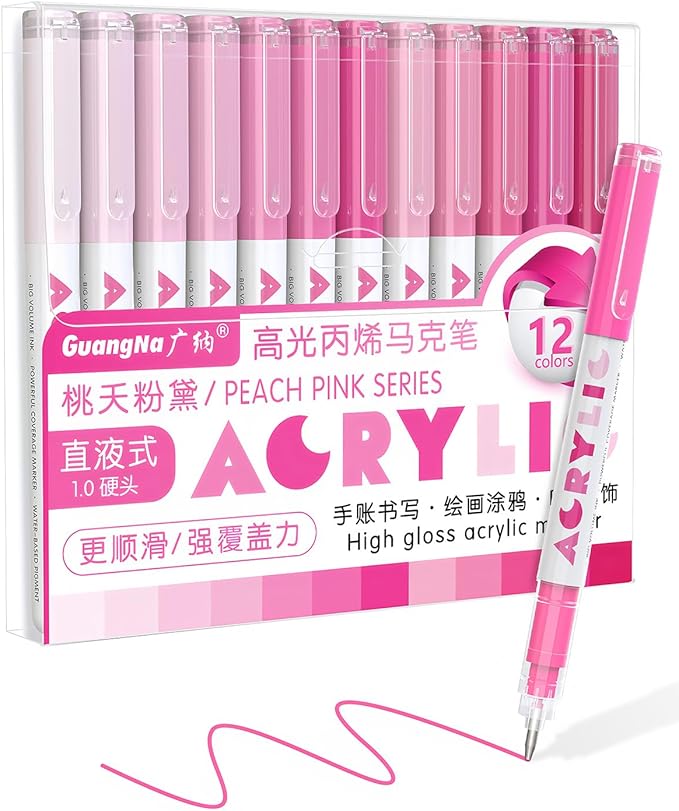 Guangna Acrylic Gel Pens 12 Color, Colored Pens for Journaling, Coloring Books, Calligraphy, Note Taking & DIY Crafts, RollerBall Pen Tip (Pink)