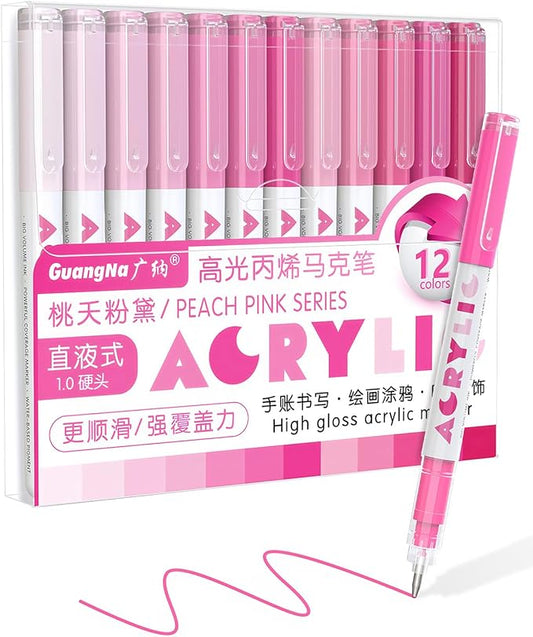 Guangna Acrylic Gel Pens 12 Color, Colored Pens for Journaling, Coloring Books, Calligraphy, Note Taking & DIY Crafts, RollerBall Pen Tip (Pink)