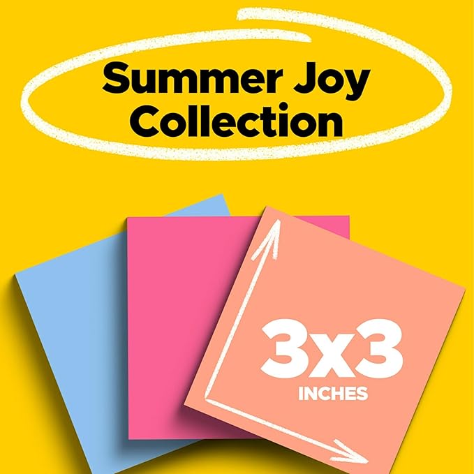 Post-it Super Sticky Notes, 3 Sticky Note Pads, 3 x 3 in., Ideal for Organization in Your Dorm, Home or Office, 2X The Sticking Power, Summer Joy Collection