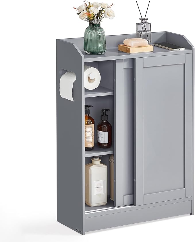 VASAGLE Narrow Storage Cabinet, Slim Floor Cabinet with Sliding Doors, Toilet Paper Holder and Brush Compartment, for Bathroom and Living Room, 7.9 x 23.6 x 31.5 Inches, Dove Gray UBBC752G02
