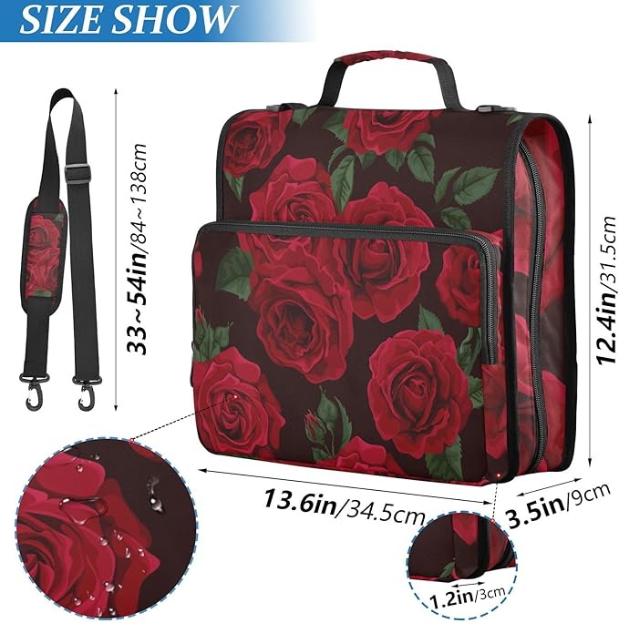 Red Rose Black Roses Zipper Binder Bag 3 Ring Binder with Shoulder Strap Zip Up 500 Sheets Capacity Multi Pockets for School Office Supplies