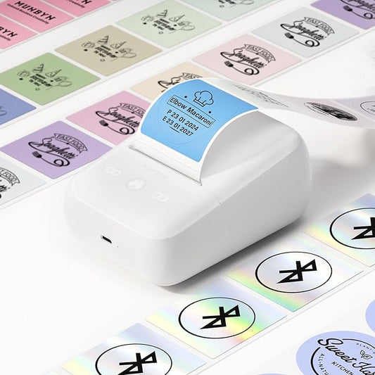 MUNBYN Portable Label Maker Machine with Tape，Bluetooth Thermal Printer with 1-Second Connect,Compatible with 0.78-2 Inch Labels, 11H Battery for Small Business, Home, Office Organization (White)