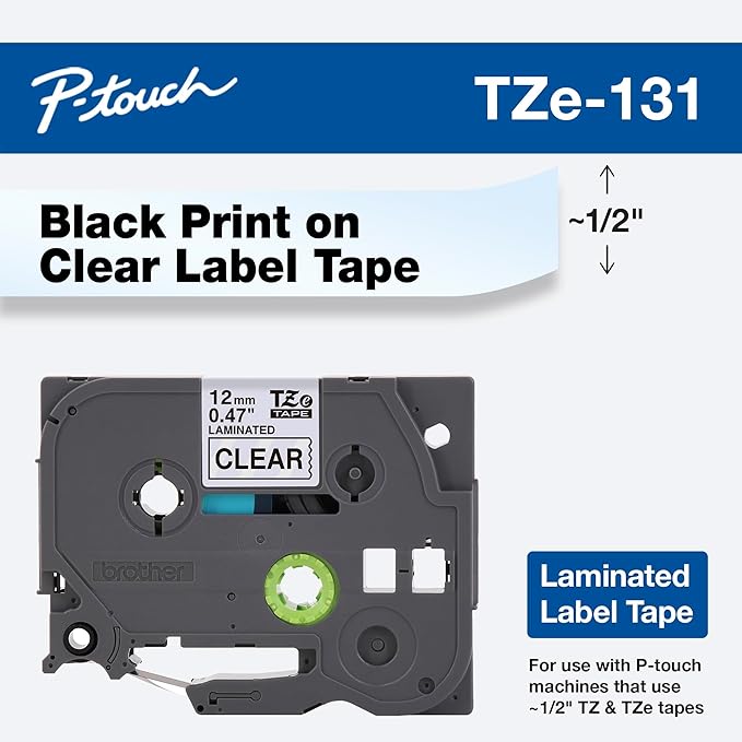 Brother Genuine P-touch TZE-131 Tape, 1/2" (0.47") Standard Laminated P-touch Tape, Black on Clear, Perfect for Indoor or Outdoor Use, Water Resistant, 26.2 Feet (8M), Single-Pack