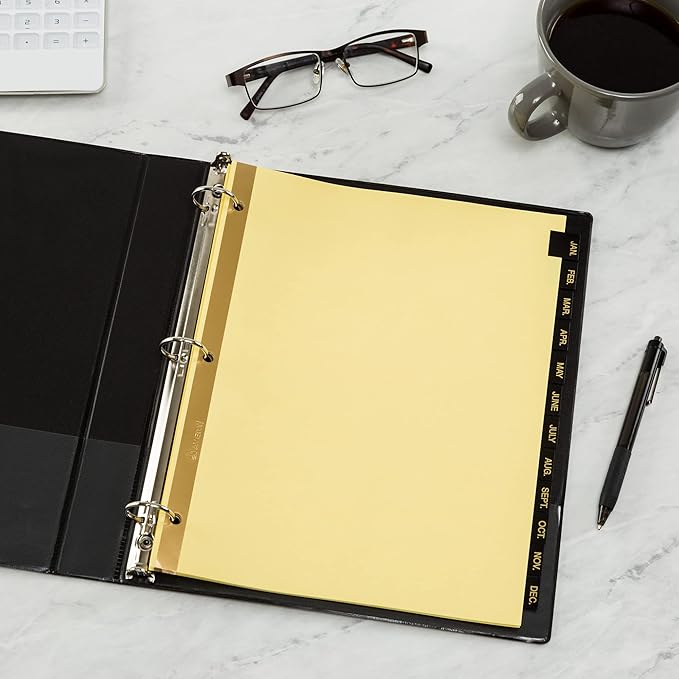 Avery Jan-Dec Dividers for 3 Ring Binders, 12 Tabs per Set, Pre-Printed Black Leather Tabs, Great for Organizing Records, Reports, Finances, and Other Important Documents (3 Sets of 26180)