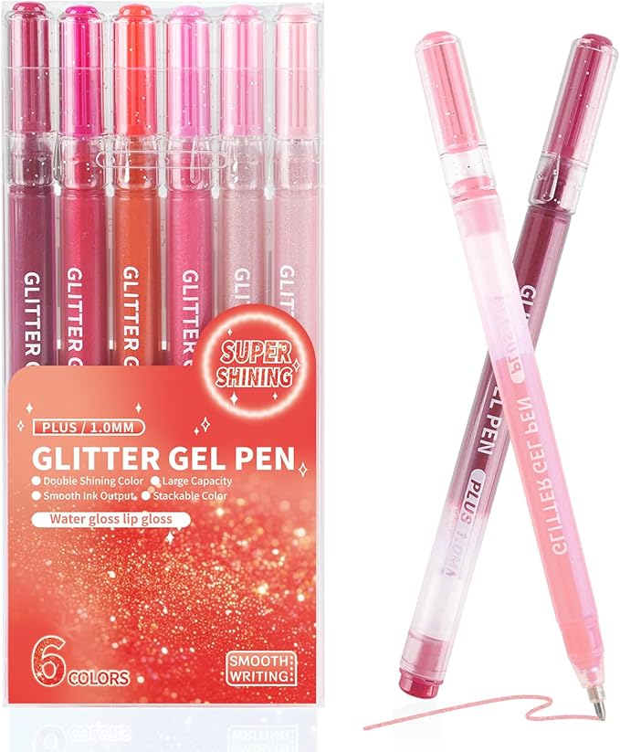 Xmusk Glitter Gel Pens, 6 Colors Double Shining Colors Red Glitter Metallic Gel Ink Pen with 1.0 mm Large Capacity Smooth Writing Color Pens for Adult Coloring Note, Drawing, Art Supplies