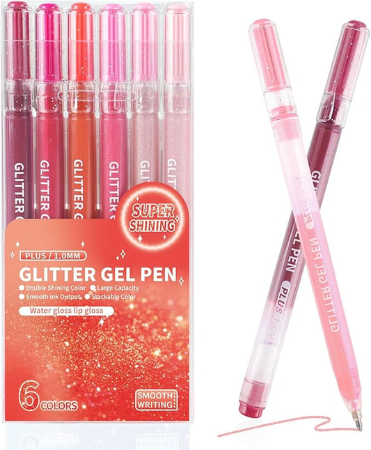 Xmusk Glitter Gel Pens, 6 Colors Double Shining Colors Red Glitter Metallic Gel Ink Pen with 1.0 mm Large Capacity Smooth Writing Color Pens for Adult Coloring Note, Drawing, Art Supplies