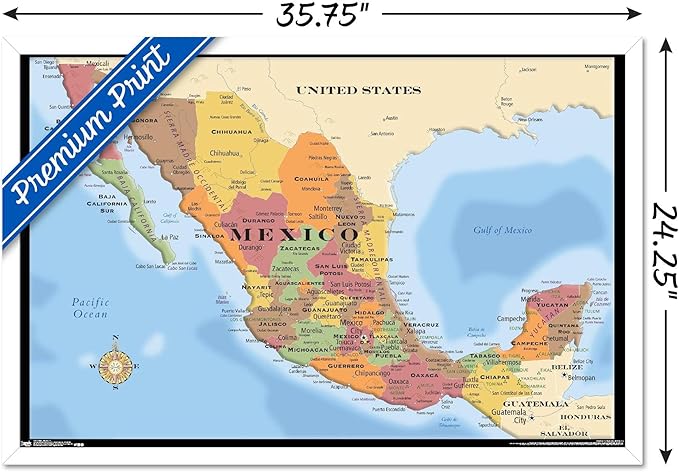 Trends International Map - Mexico Wall Poster, 22.375" x 34", White Framed Version